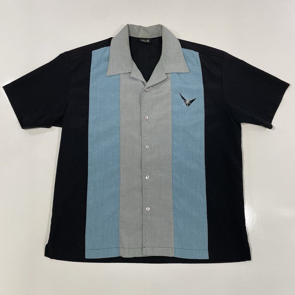 STEADY Men’s V Star Embroidered Panel Sheen Cabana MCM Rat Pack Bowling M Shirt